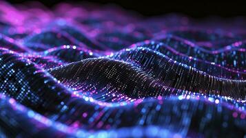 AI generated Binary code digit abstract background, wavy lines, azure blue and purple, black. photo