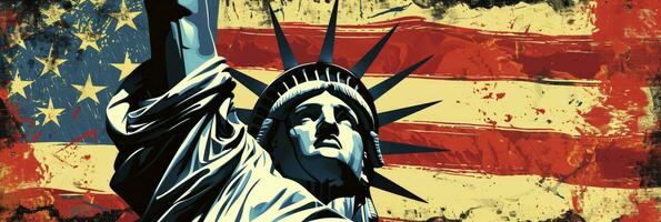ai generado estatua de libertad en contra americano bandera antecedentes. julio 4 4 independencia día. foto