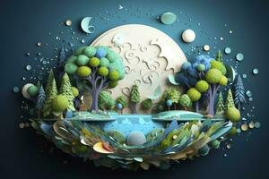 AI generated Paper Art Earth with Trees and Water. Celebrating World Earth Day, World Water Day, and Environmental Protection. photo