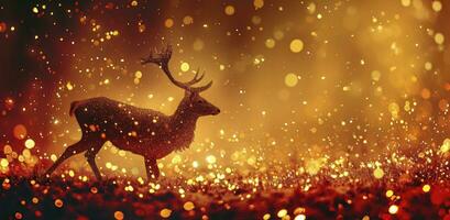 ai generado dorado Navidad ciervo con un rojo brillar antecedentes. foto