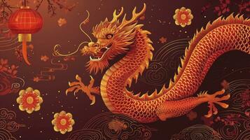 AI generated Happy Chinese new year 2024. Year of the dragon. New year horizontal backgound with dragon. photo