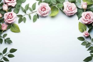 ai generado Rosa flor con hojas marco foto