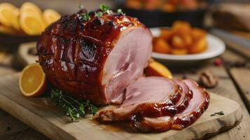 AI generated Homemade, warm, steaming Glazed Easter Spiral Cut Ham photo