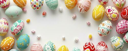 AI generated Easter banner with colorful Easter Egg double side border over a white background. Top view with copy space. photo