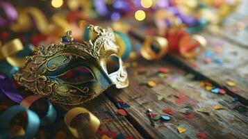 AI generated Carnival Party. Venetian Mask With Colorful Streamer And Whistle photo