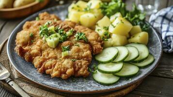 AI generated Classic fried schnitzel served with potato and cucumber salad on a rustic modern plate photo