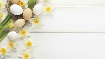 AI generated Spring flowers and easter egg with white wooden background photo