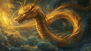 AI generated The Chinese New Year 2024 year of the dragon, the Chinese zodiac symbol is the Lunar New Year concept. The Asian Celebration, illustration fantasy anime manga Chinese Golden Dragon. photo