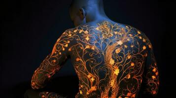 AI generated Man photo with colored luminous tattoos on her back