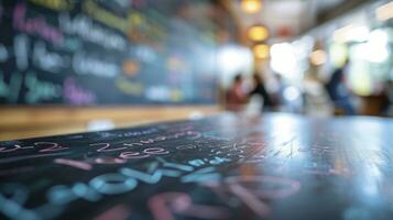 ai generado diferente personas diferente color mano escritura en un pizarra lado ver salón de clases bokeh antecedentes foto