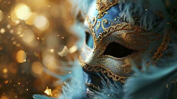 AI generated Realistic luxury carnival mask with blue feathers. Abstract blurred background, gold dust, and light effects photo