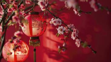 AI generated Happy chinese new year, hanging beautiful lantern and flowers on red background. Copy space. photo