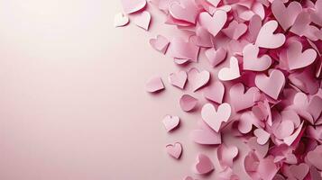 AI generated Paper pink hearts fly on soft pink color background, border, copy space. Valentine day concept for design. photo