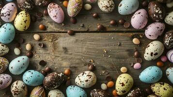 AI generated Top down view of an Easter border frame of robin's eggs and chocolate eggs with copy space in the middle photo