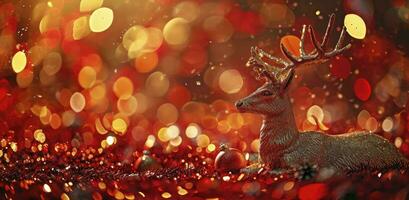 AI generated A gold deer sitting on a red background, in the style of bokeh panorama, glitter, and enchanting lighting. photo