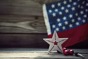 AI generated American flag on a wooden table with copy space for text photo