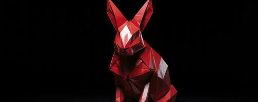 AI generated Red rabbit origami isolated on a black background photo