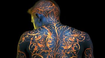 ai generado hombre foto con de colores luminoso tatuajes en su espalda