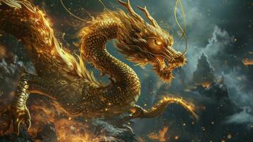 AI generated The Chinese New Year 2024 year of the dragon, the Chinese zodiac symbol is the Lunar New Year concept. The Asian Celebration, illustration fantasy anime manga Chinese Golden Dragon. photo
