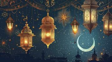 AI generated Ramadan Kareem Border, Islamic art Style Background. Symbols of Ramadan Mubarak, Hanging Gold Lanterns, arabic lamps, lanterns moon, star, art and illustration. photo