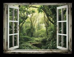AI generated Modern house open window view forest background photo