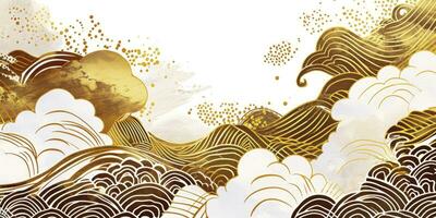 AI generated Japanese-Inspired Golden Leaf Frame with Watercolor Waves, Clouds, and Traditional Patterns. Exquisite Design for a Luxurious Paper Treatment or Banner with a Touch of Japan. photo