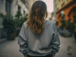 ai generado caminando mujer espalda ver vistiendo demasiado grande oscuro gris gildan foto