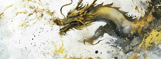 AI generated Golden dragon and gold brush strokes for the new year on a white background, in the style of ink wash collages, dark white and light gray,  enchanting watercolors. photo