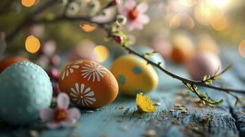 AI generated Close up easter eggs on a blue color wooden table against a bokeh background easter celebration photo