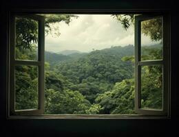 ai generado moderno casa abierto ventana ver bosque antecedentes foto