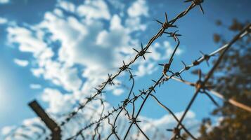 AI generated Barbed wire in front of blue sky with cloud photo