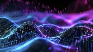 AI generated Binary code digit abstract background, wavy lines, azure blue and purple, black. photo