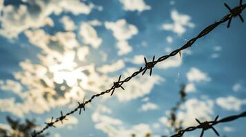 AI generated Barbed wire in front of blue sky with cloud photo