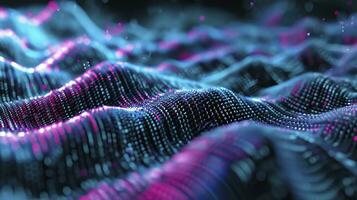 AI generated Binary code digit abstract background, wavy lines, azure blue and purple, black. photo