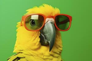 AI generated The yellow parrot wears sunglasses over a green background. photo