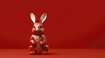 AI generated Red rabbit origami isolated on a red background photo