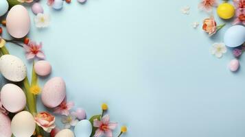 AI generated Spring flowers and colorful easter egg with pastel blue background photo