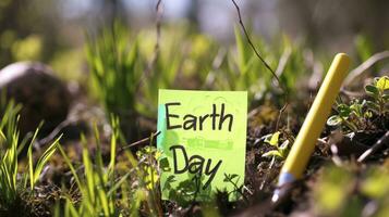 AI generated Text Earth Day written with a marker on a sticky note in a garden photo