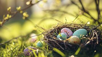 AI generated Nest with easter eggs in grass on a sunny spring day - Easter decoration, banner, panorama, background photo