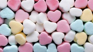 AI generated Background of brightly colored candy hearts for Valentine's Day. photo