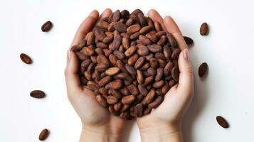 AI generated Overhead shot of woman hands holding cocoa beans isolated on white background photo