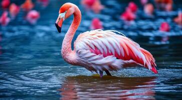 AI generated pink flamingo on the lake, pink flamingo swimming on the water, close-up of a beautiful pink flamingo photo