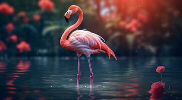 AI generated pink flamingo on the lake, pink flamingo swimming on the water, close-up of a beautiful pink flamingo photo