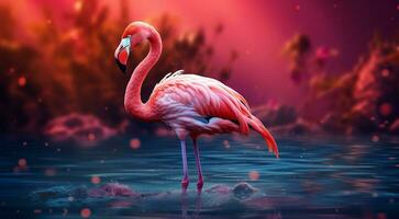 AI generated pink flamingo on the lake, pink flamingo swimming on the water, close-up of a beautiful pink flamingo photo