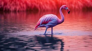 ai generado rosado flamenco en el lago, rosado flamenco nadando en el agua, de cerca de un hermosa rosado flamenco foto