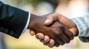 AI generated business handshake on the blurred background, business handshake on the background of the people, handshake of people and bionic robot photo