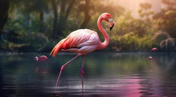 AI generated pink flamingo on the lake, pink flamingo swimming on the water, close-up of a beautiful pink flamingo photo