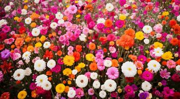 AI generated field of flowers, flowers in the field, colored flowers under the sky, colored flowers, flowers field photo