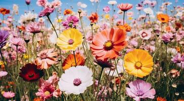 AI generated field of flowers, flowers in the field, colored flowers under the sky, colored flowers, flowers field photo