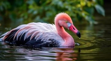 ai generado rosado flamenco en el lago, rosado flamenco nadando en el agua, de cerca de un hermosa rosado flamenco foto